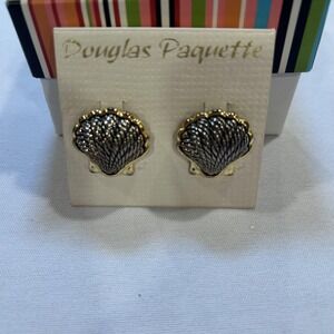Douglas Paquette Earrings Silver Tone Shell Stud Womens Clip On Beach Jewelry